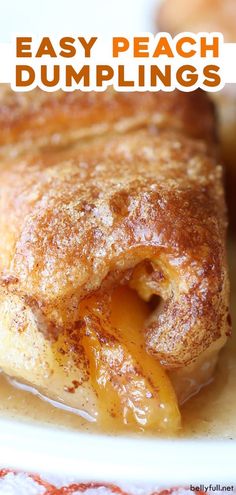 the most delicious and easy peach dumplings are made with fresh peaches, powdered sugar, and cinnamon