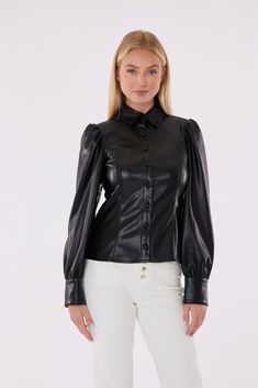 Upgrade your style with our Faux Leather Button-Up Shirt with Puff Sleeves. This premium faux leather shirt boasts elegant puff sleeves that add a touch of sophistication to any outfit. Available in a range of versatile neutrals and delicate pastel colors, it's a versatile piece that effortlessly enhances your fashion game. Stay chic and on-trend with this stylish faux leather shirt. Faux leather Puff sleeves Button up Available in Black, White, Soft Pink, Yellow, and Light Blue Hand wash cold a Faux Leather Shirt, Leather Button Up, Blue Hand, Wet Look, Leather Outfit, Puff Sleeve Top