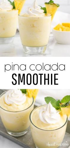 pina colada smoothie with pineapples and whipped cream in small glasses