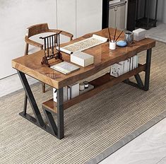 a wooden desk sitting on top of a rug