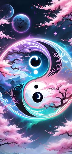 the yin symbol is surrounded by pink and blue clouds