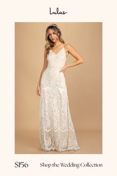 a woman in a white dress with the words shop the wedding collection