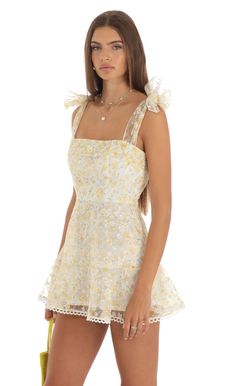 Zev Shimmer Yellow Floral Mini Dress in White | LUCY IN THE SKY Cute Mini Dresses Formal, Summer Outfits For Ladies, Short Spring Dresses, Summer Dress Ideas, Spring Fling Dress, Yellow Homecoming Dresses, Spring Formal Dresses, Light Yellow Dresses, Summer Work Dresses