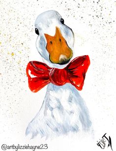 a painting of a duck wearing a red bow tie