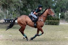 a woman riding on the back of a brown horse through a lush green field with trees