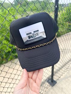 - gold chain with black accent Hat Chain, Trucker Hat Fashion, Hat Bar, Plaid Headband, Sequin Bag, Closet Goals, Spring Has Sprung, Cute Hats, Romper Dress