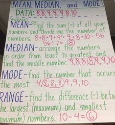 a piece of paper with writing on it that says mean, median, and mode