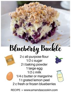 blueberry crumble cake recipe on a white plate with instructions for how to make it