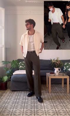 Semi Elegant Outfits Men, Men’s Euro Fashion, Men Outfits Accessories, Outfit Ideas Men Old Money, Men’s Brown Suit Outfit, Dinner Outfits Men Summer, Styles Men Fashion, Summer Fits Asian Men, Daisy Jones And The Six Outfit Men