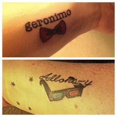 three different tattoos with words and bow ties on their arm, one is for someone
