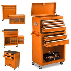 an orange tool cabinet with drawers and tools