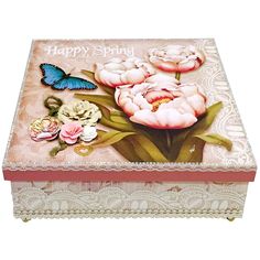 a decorative box with flowers and butterflies on it