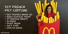 a woman is dressed up as a french fry costume with fries in front of her