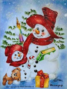 a painting of a snowman and two children