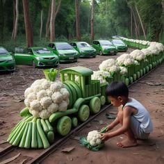 a young boy kneeling down next to a train made out of cauliflower and cucumbers