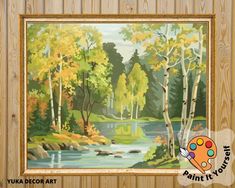 the vintage style paint by number kit includes an image of a river, trees and rocks