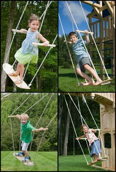four pictures of two children playing on swings
