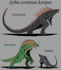 two different types of godzillas with their names in the middle one is green and the other