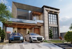 two cars parked in front of a modern house