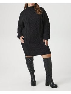 Black Casual Collar Long Sleeve  Plain  Embellished   Women Plus Clothing Plus Size Dresses, Forever 21 Plus Size, Peasant Sleeve, Cable Knit Sweater Dress, Plus Size Winter, Knit Sweater Dress, Cable Knit Sweater, Cable Knit, Mock Neck