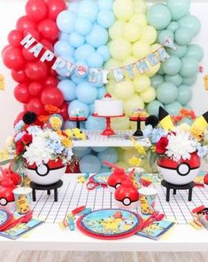 a pokemon birthday party with balloons and decorations