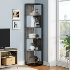 a living room with blue walls and a television on a stand in front of a window