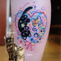 two cats sitting next to each other in front of a heart with the words frodo and sam on it