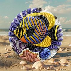 an artistically painted fish sits on the sand next to shells and seashells