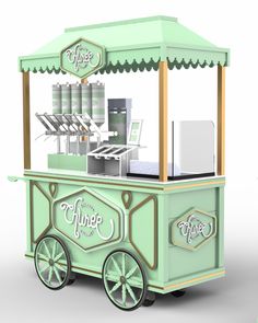 an ice cream cart with wheels is shown on a white background and has a green canopy over it