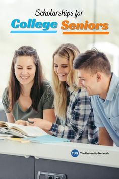 three young people are looking at a book on a table with the title, college seniors