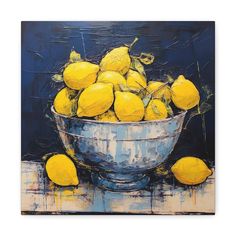 a painting of lemons in a silver bowl