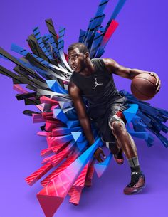 the basketball player is posing for a photo in front of an abstract background with blue, red and black colors