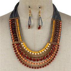 Beaded Bib Necklace Crystal Tear Shape Layered Urban Bonus Matching Earring Set #cheapnecklacesforwomen #necklacesforwomen Beaded Bib Necklace, Autumn Necklace, Bridal Necklace Set, Trending Necklaces, Necklace Crystal, Bridal Necklace