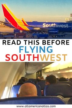 an airplane with the words read this before flying southwest on it and people sitting in seats
