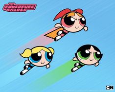 the powerpuff girls cartoon characters flying through the air with their eyes open and one eye closed