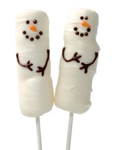 two marshmallows decorated like snowmen with the words save & pin on them