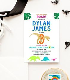 an image of a birthday party with dinosaurs on the front and back of it