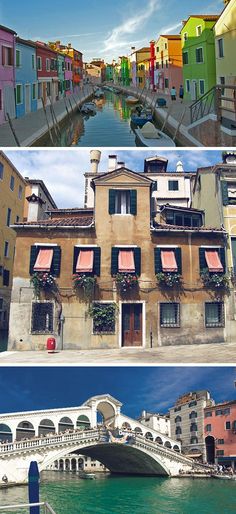 three different views of buildings along the canal in venice, italy and an old bridge crossing over it