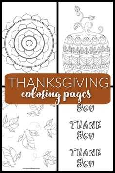 thanksgiving coloring pages with the words, thanks and thank written in orange on white background