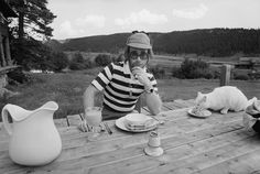 a man sitting at a picnic table with two cats eating out of bowls and plates