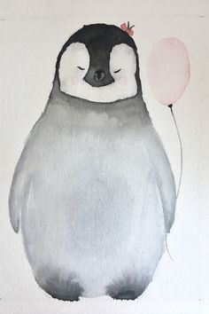 a watercolor painting of a penguin holding a pink balloon