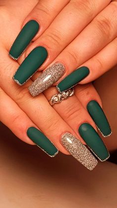 Nails Emerald Green And Silver, Acrylic Nails Emerald Green And Gold, Emerald Matte Green Nails, Esmeralda Nails Design, Dark Green Nails For Wedding, Dark Green With Silver Nails, Emerald Nails Acrylic Coffin, Matte Green With Gold Nails, Emerald Green Nails Homecoming