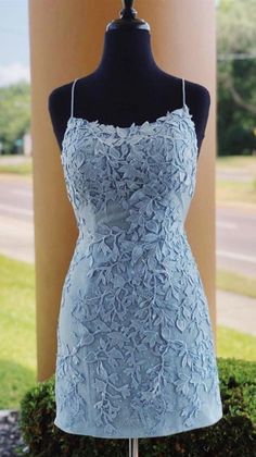 blue sleeveless jewel homecoming dress,spaghetti-straps backless racer-back lace school event dress on Storenvy Light Blue Homecoming Dresses, Hoco Court, Homecoming Poses, Prom Dress Short Lace, Tight Homecoming Dress, Dress With Applique, School Event Dress, Custom Made Prom Dress, Short Graduation Dresses