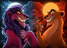 the lion king and the mouse queen are facing each other in front of a full moon