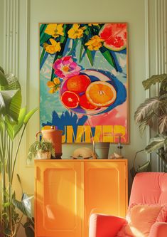 an orange chair in front of a painting and potted plant on the sideboard