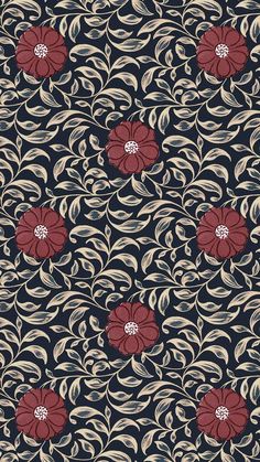 an abstract floral pattern with red flowers and leaves on black background, suitable for wallpaper or fabric