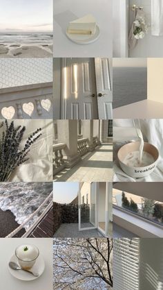 a collage of photos with white furniture and decor