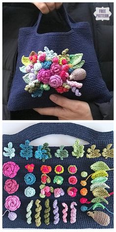 crocheted purses with flowers and leaves on them are shown in three different pictures