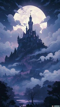 a castle on top of a hill in the sky with clouds and stars above it