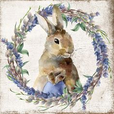 a watercolor painting of a bunny holding an egg in a wreath with purple flowers